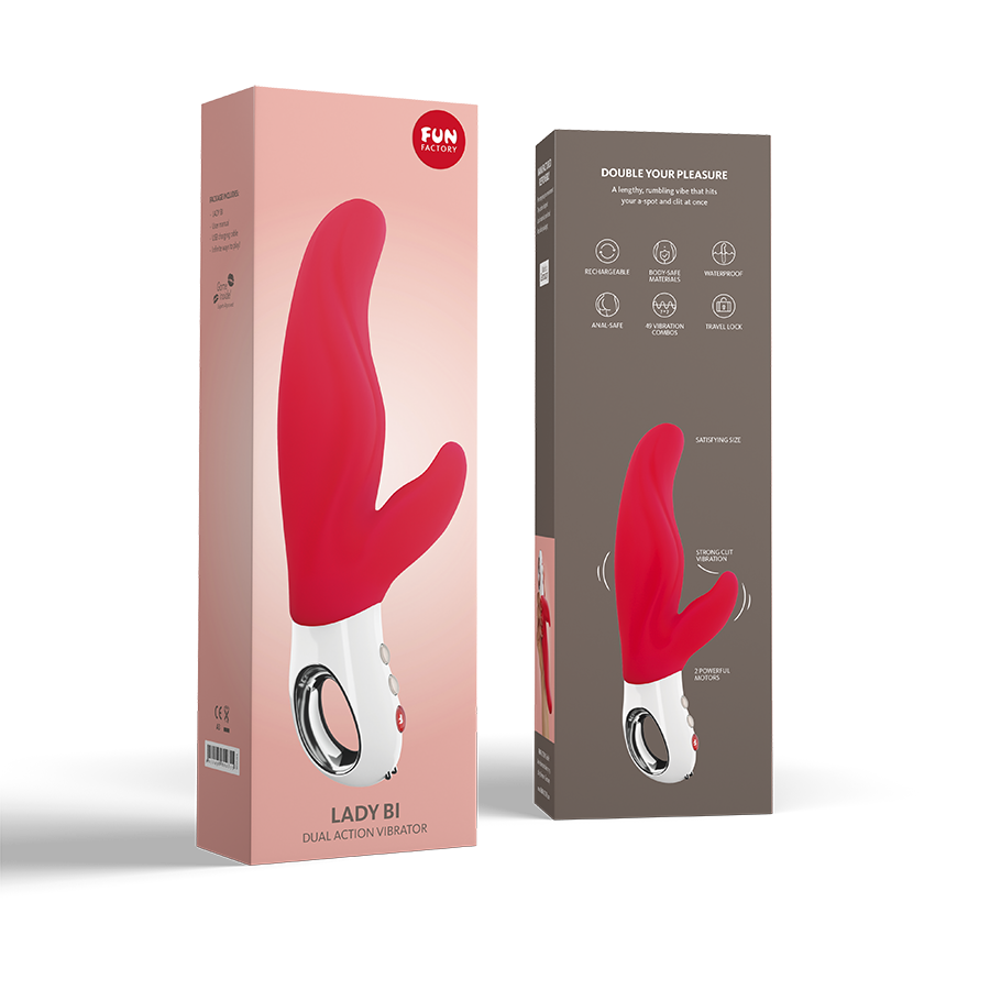 Fun Factory Lady Bi rabbit vibrator roze-rood met verpakking, voor- en achterkant doos