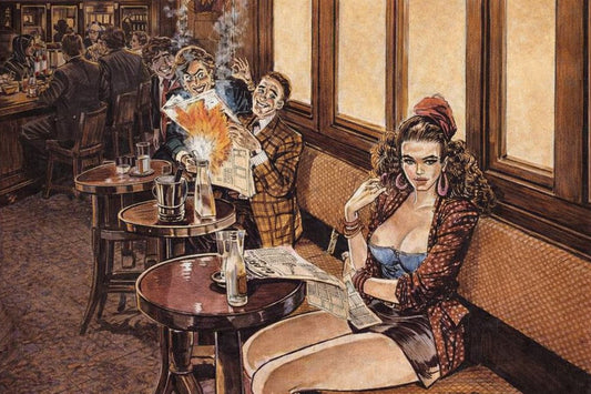 Illustratie van een retro café-interieur waarin een zelfverzekerde vrouw op een bank zit, terwijl mannen achter haar opschrikken door een brandende krant.