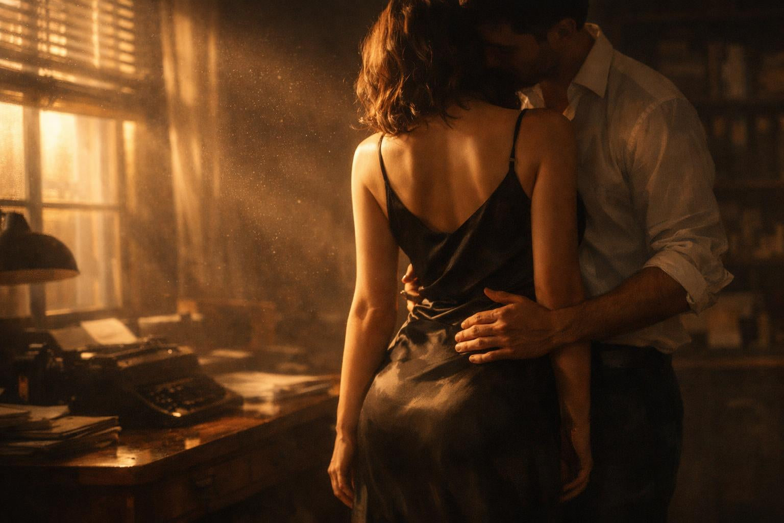 Twee mensen staan dicht tegen elkaar in een stille werkruimte, gevangen in een moment van spanning en tedere nabijheid.