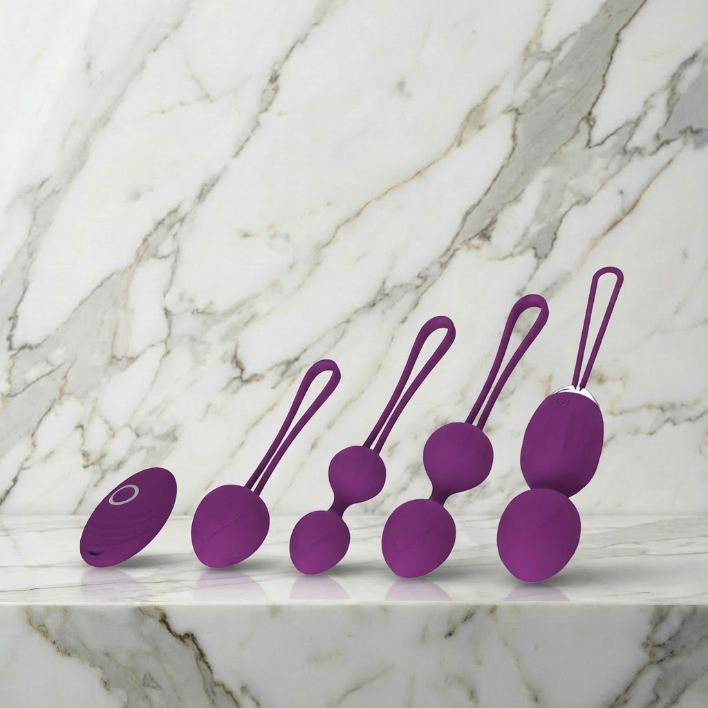 Kegelset met Extra Fun van De Paarse Keizerin op witte achtergrond, complete set voor bekkenbodemtraining