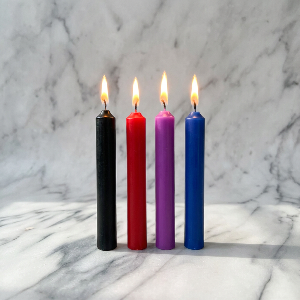 Rode kaarsen van De Paarse Keizerin voor sensuele wax play op witte achtergrond