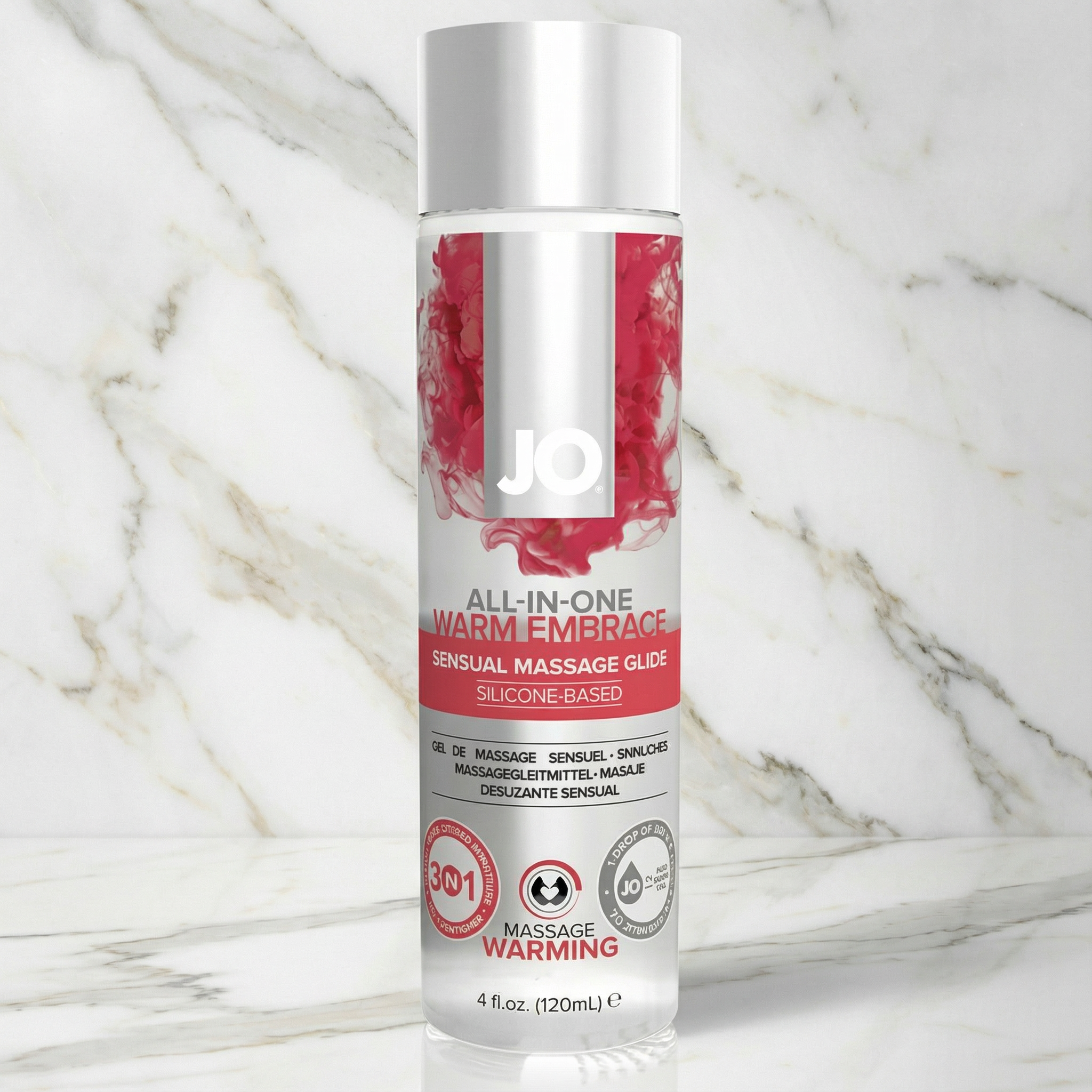 JO verwarmende massage gel en glijmiddel fles van 120 ml van De Paarse Keizerin op witte achtergrond