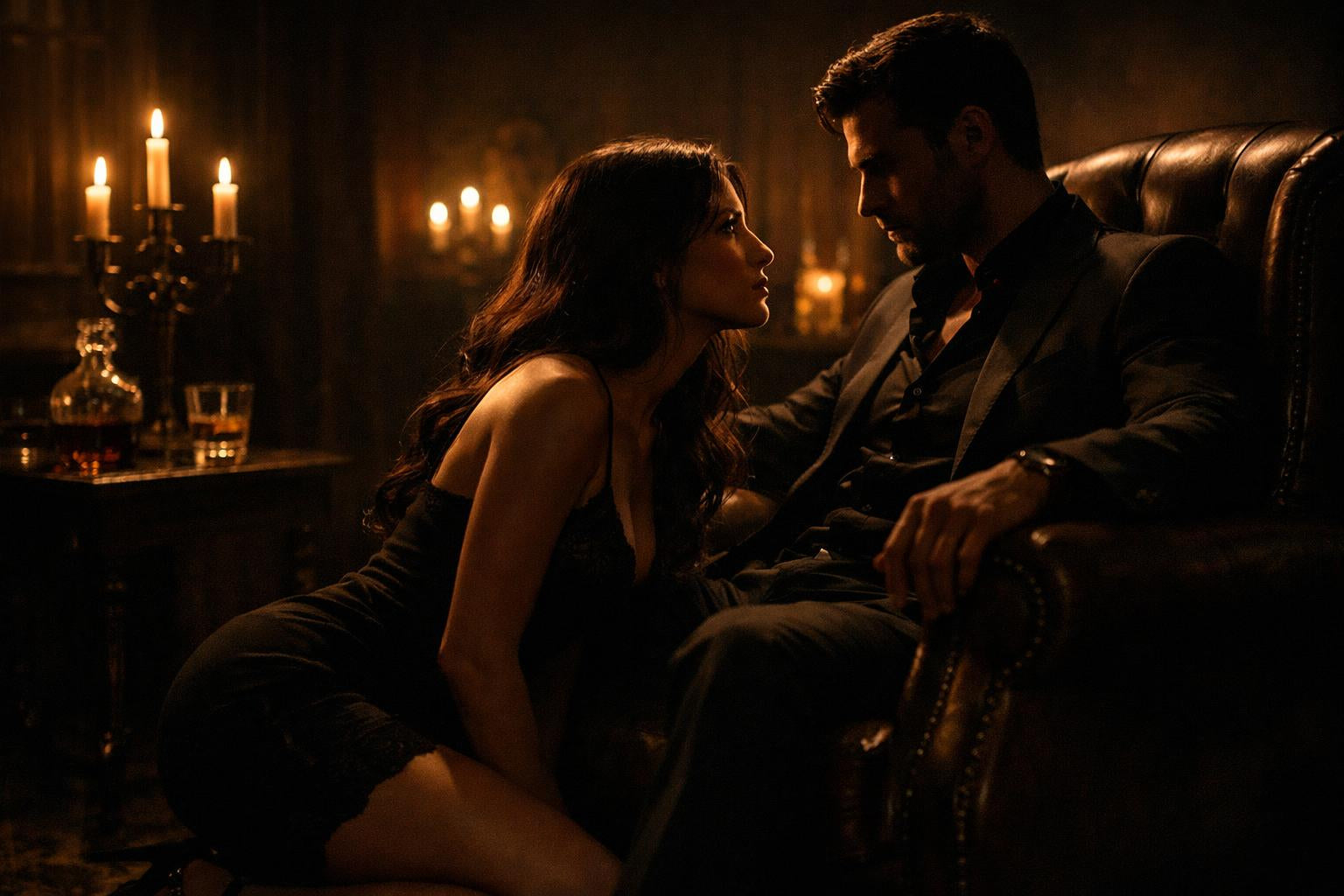 “Een vrouw in een zwarte jurk knielt voor een man die ontspannen in een leren fauteuil zit, terwijl ze elkaar intens aankijken in een sfeervolle kamer verlicht door kaarsen.”
