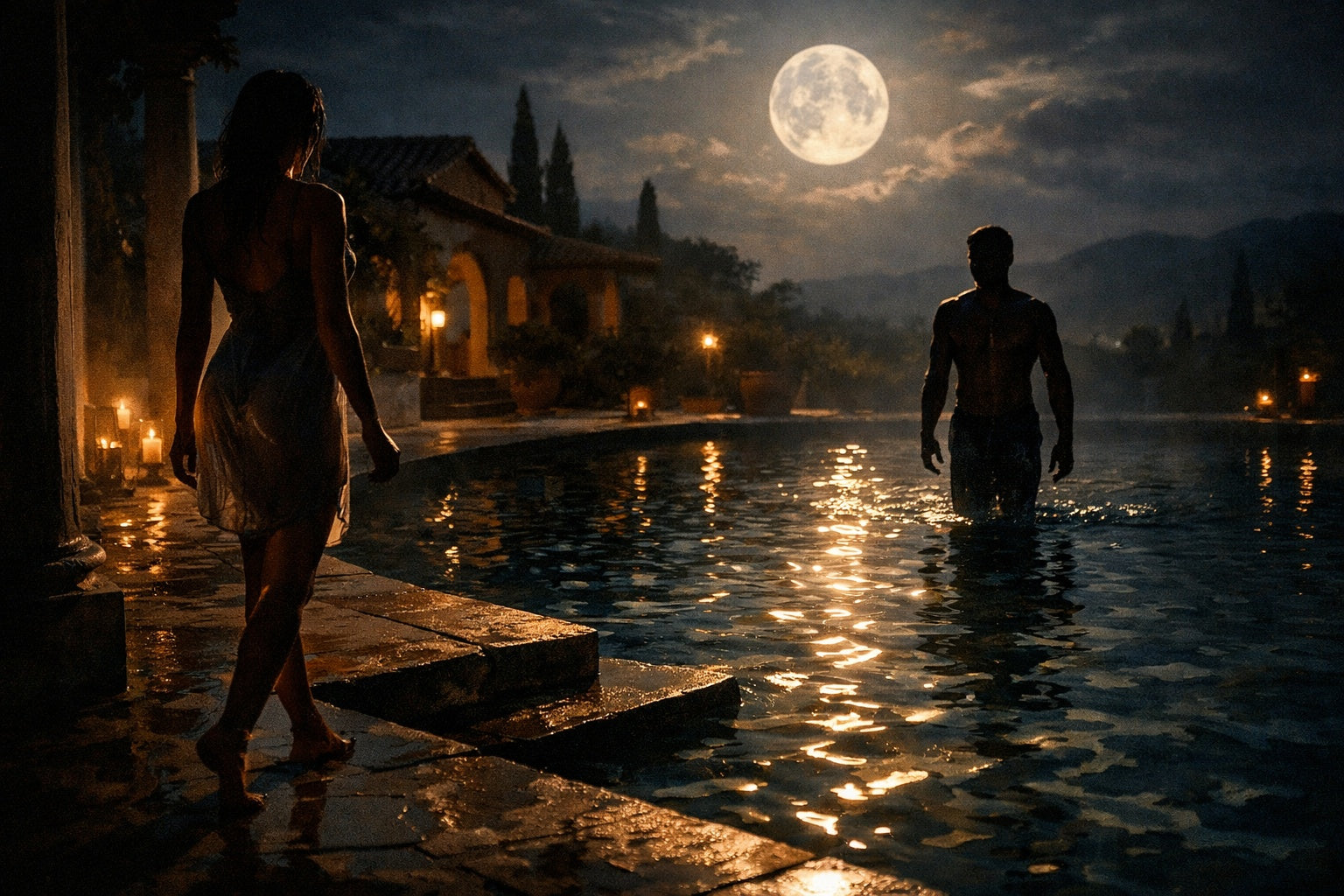 Twee silhouetten naderen elkaar bij een maanverlicht zwembad, waar warmte, stilte en spanning in de lucht hangen.
Tags: erotisch verhaal, erotische literatuur, passie, verhaal, erotica, saskia