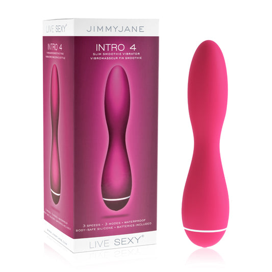 Jimmyjane Intro 4 roze slanke vibrator naast de productverpakking op witte achtergrond