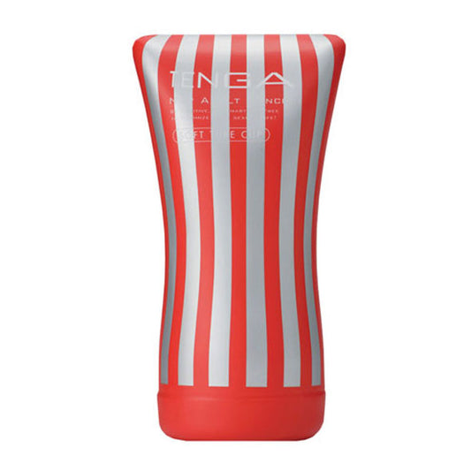Tenga Soft Tube Cup vooraanzicht met rood-zilveren streepdesign en knijpbaar lichaam