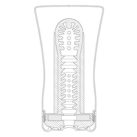 Technische doorsnede Tenga Soft Tube Cup met ribbels, noppen en variërende kanaalbreedtes
