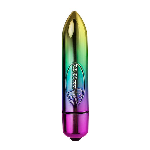 Mini vibrator bullet regenboog-metallic afwerking met roze bedieningsknop compact formaat