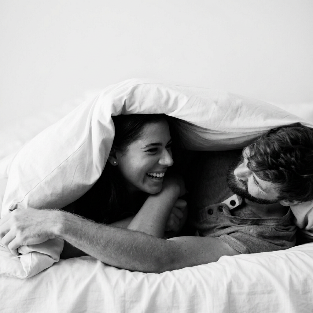 Lachend stel samen onder een dekbed, symbool voor intieme verbondenheid en plezier ondanks vaginisme
