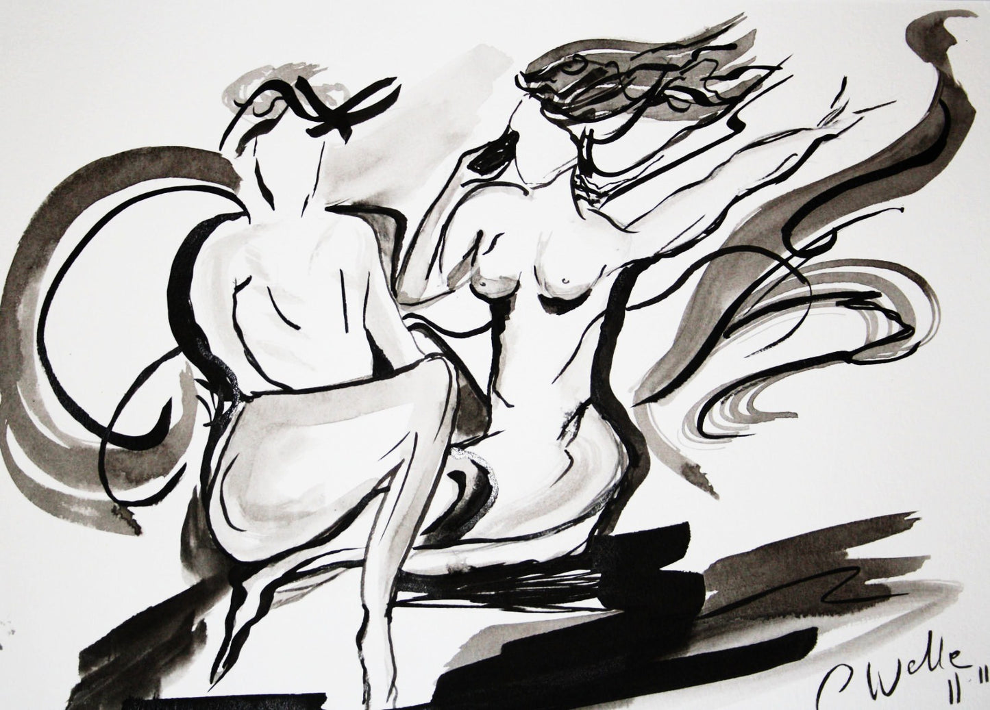 Intiem inktschilderij detail zwart-wit tekening met expressieve penseelstreken gesigneerd