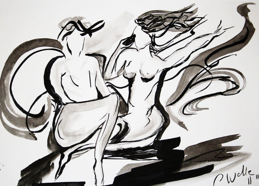 Intiem inktschilderij detail zwart-wit tekening met expressieve penseelstreken gesigneerd