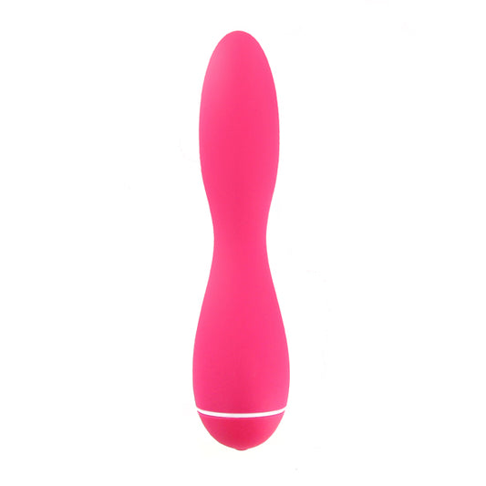 Roze slanke Jimmyjane Intro 4 vibrator met taille-ontwerp, vooraanzicht op witte achtergrond