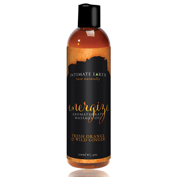 Doorzichtige fles Intimate Earth Energize aromatherapie massage-olie, sinaasappel en wilde gember, 120 ml