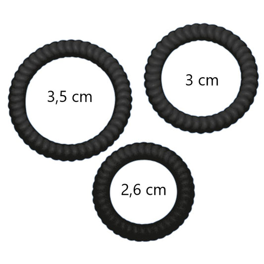 Drie zwarte geribde cockringen met maataanduidingen 2,6 tot 3,5 cm