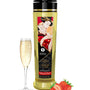 Shunga Romance erotische massage-olie 240 ml, goudkleurige fles met Japanse illustratie.