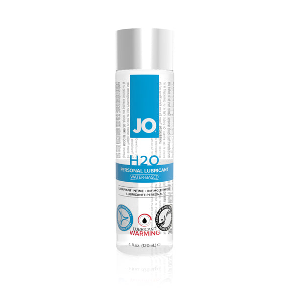 JO H2O verwarmend glijmiddel op waterbasis 120 ml, blauwe fles met zilveren dop.